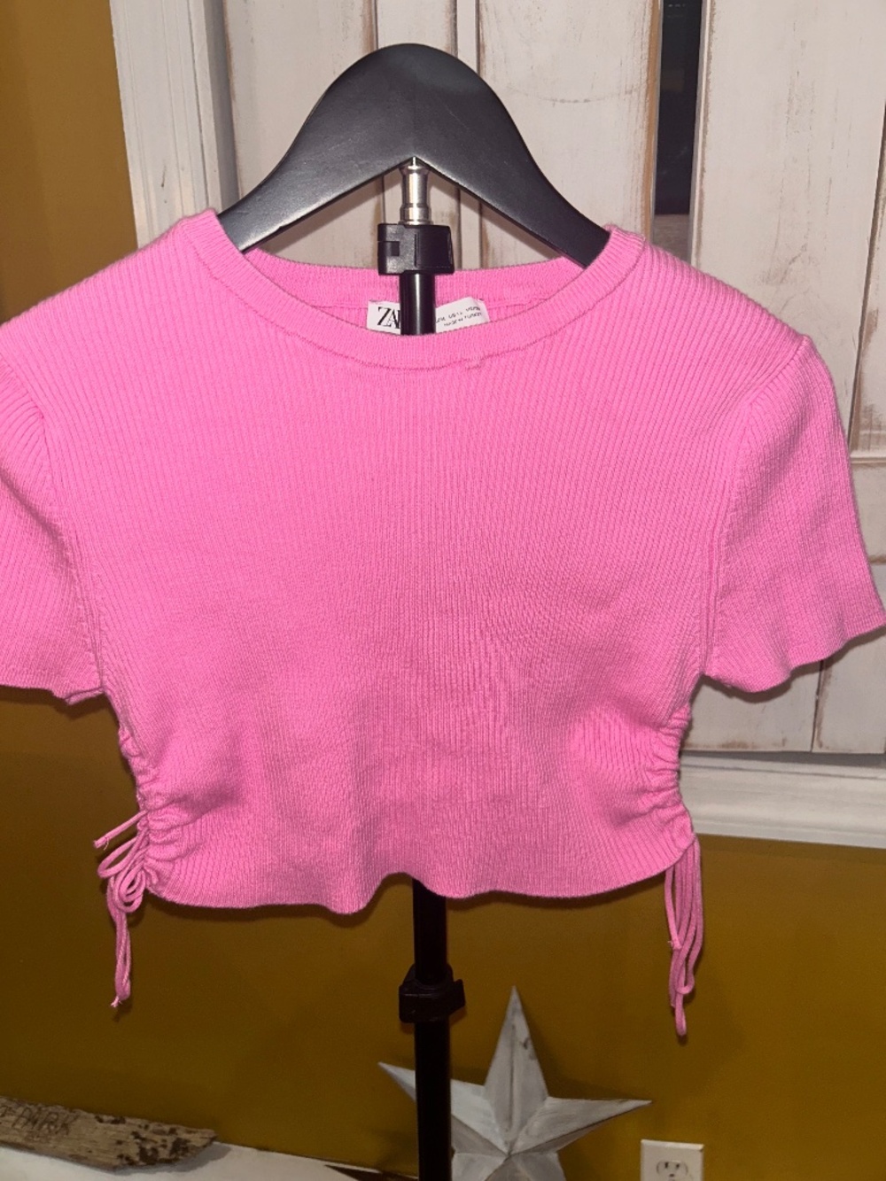 Zara Hot Pink Ribbed Crop Top Ruched Side Tie Y2K Barbiecore